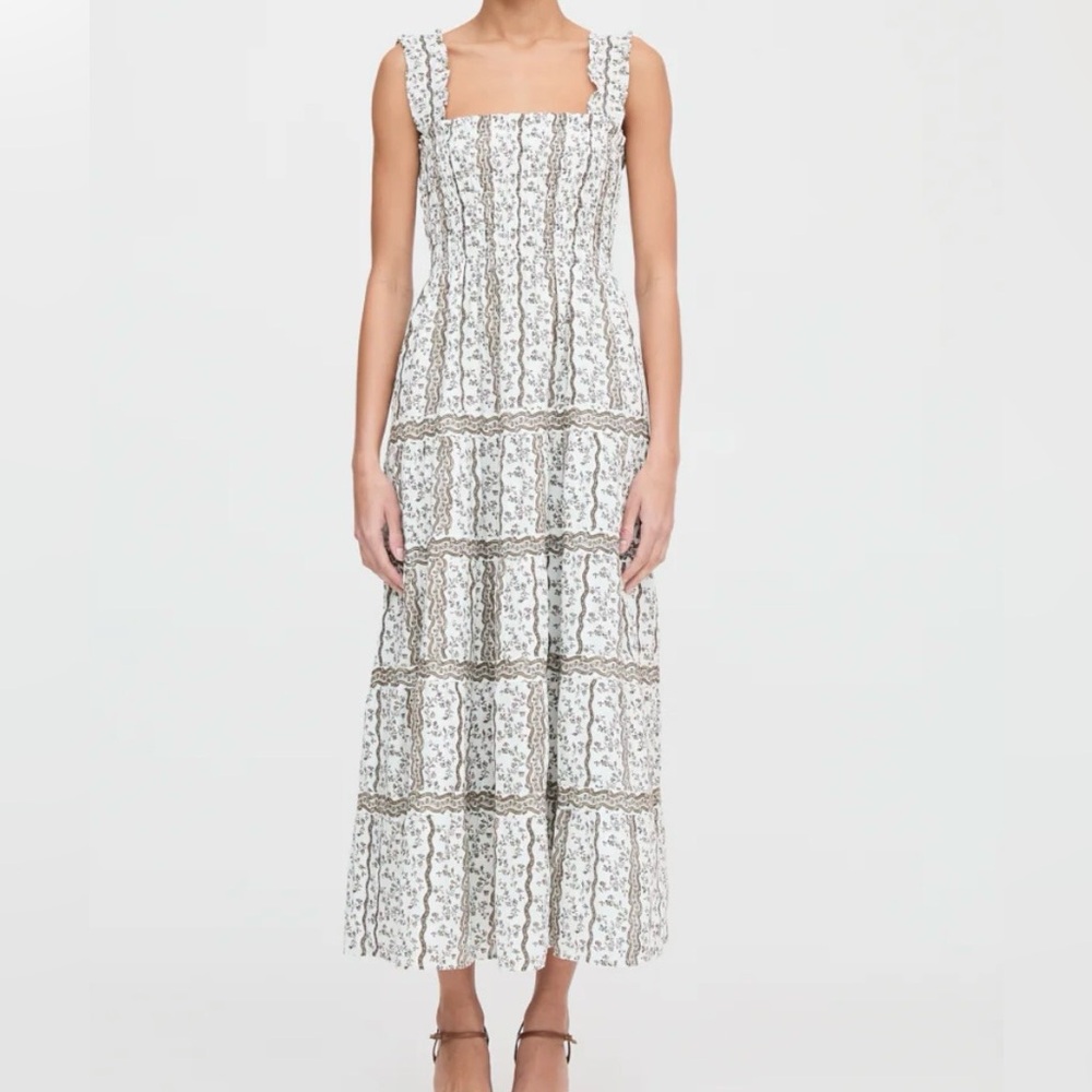 Hill House White and Brown Smocked Patterned Maxi Dress